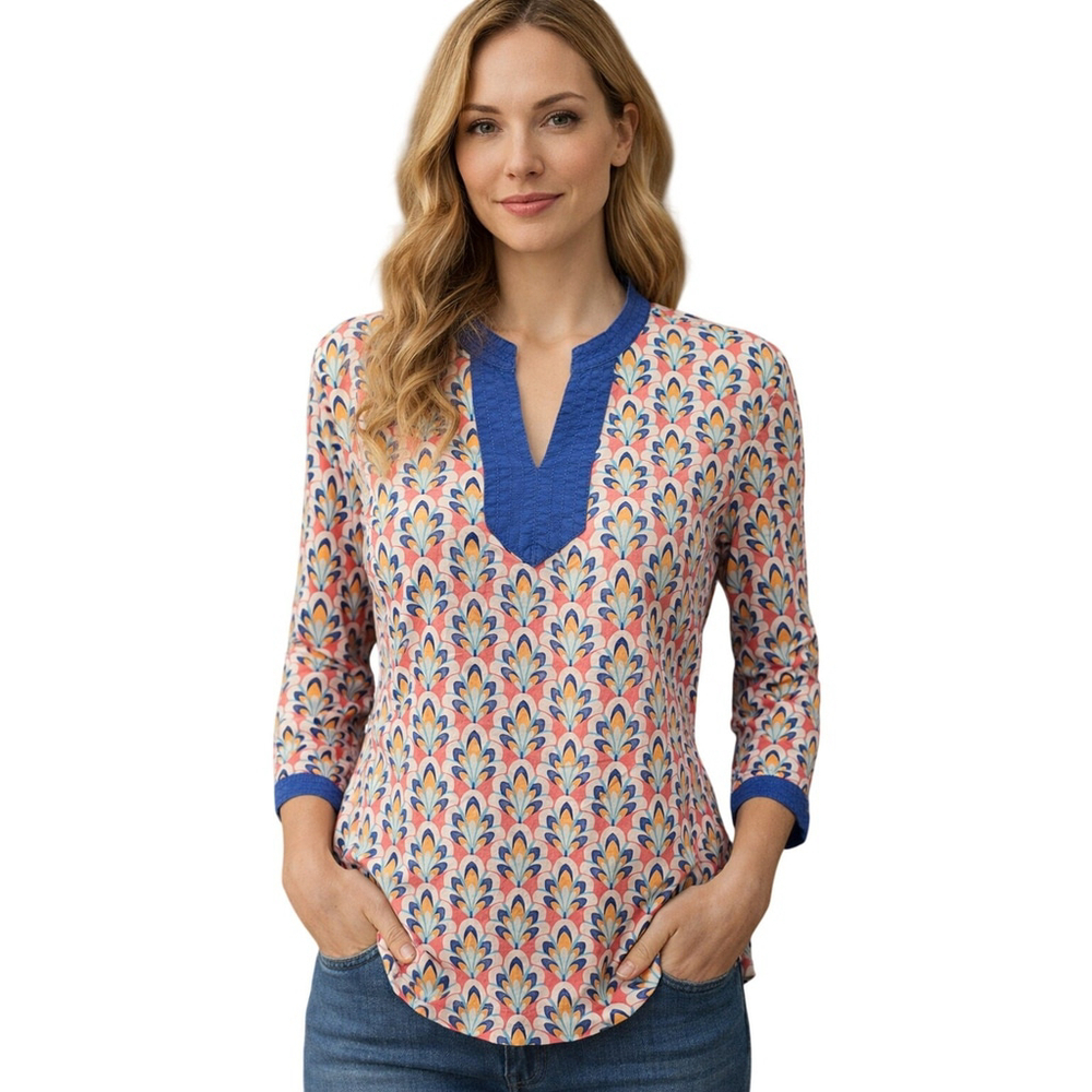 Talbots Geometric Colorful Split Neck Cotton Tunic Top Petite